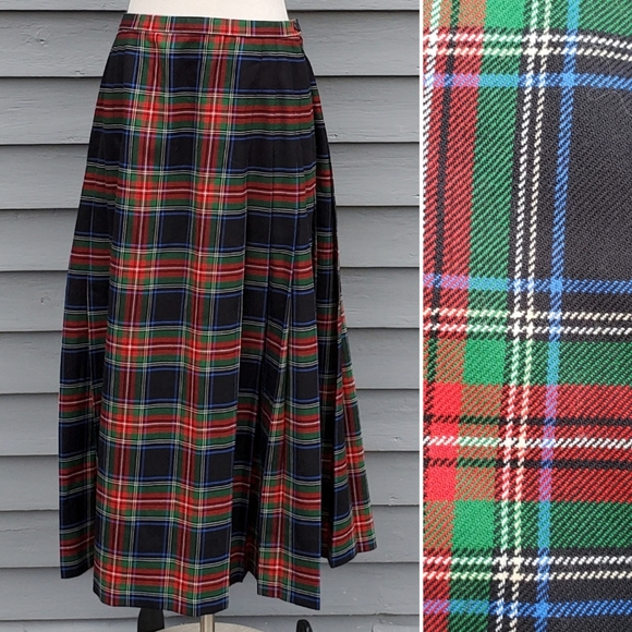 Vintage y2k Pendleton Preppy Black Stuart Tartan Plaid Pleated Maxi Skirt 10 - Picture 1 of 8